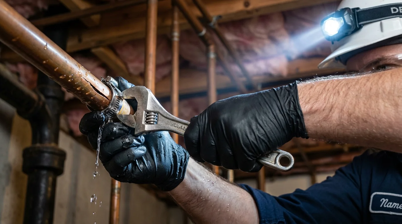 Emergency pipe clamp repair being performed by a Johns Plumbing LLC plumber in La Marque