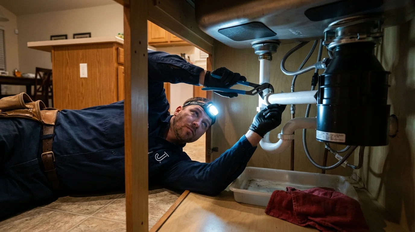 P-trap and supply line connections under a kitchen sink showing a common leak point in La Marque, TX